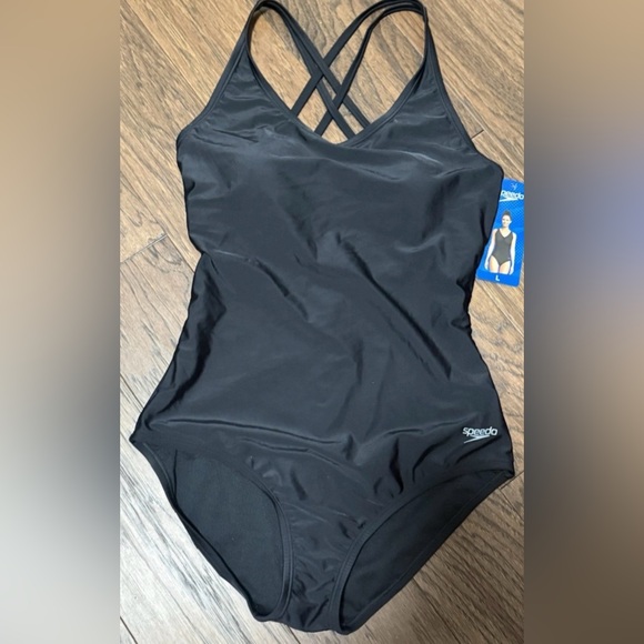 New Speedo One Piece Swimsuit Solid Black Double Strap Criss Cross Swimwear Sz L - Picture 6 of 13